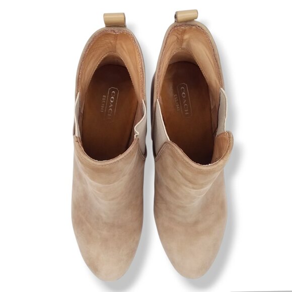 Coach Farah Ankle Boots Oiled Leather Size 10B Taupe Beige Wedge ASO Teen Wolf - Picture 2 of 13